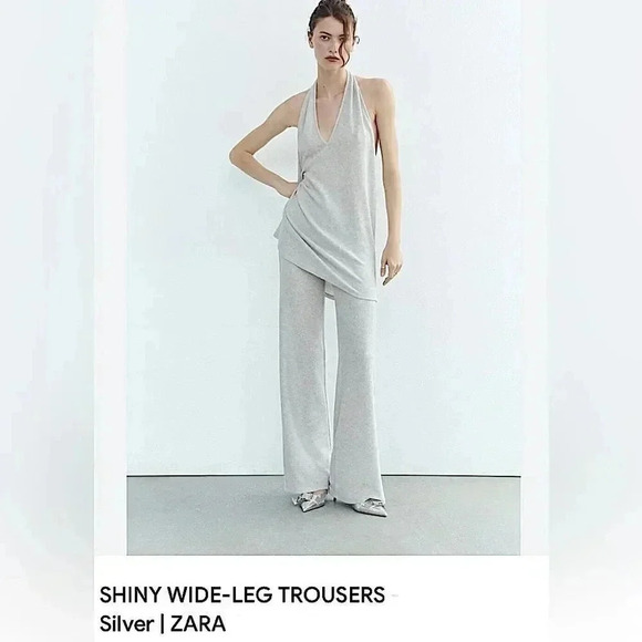 ZARA Wide Leg Knit Trousers Pull On Pants  Metallic Sheer Party Disco Rave - Picture 3 of 17